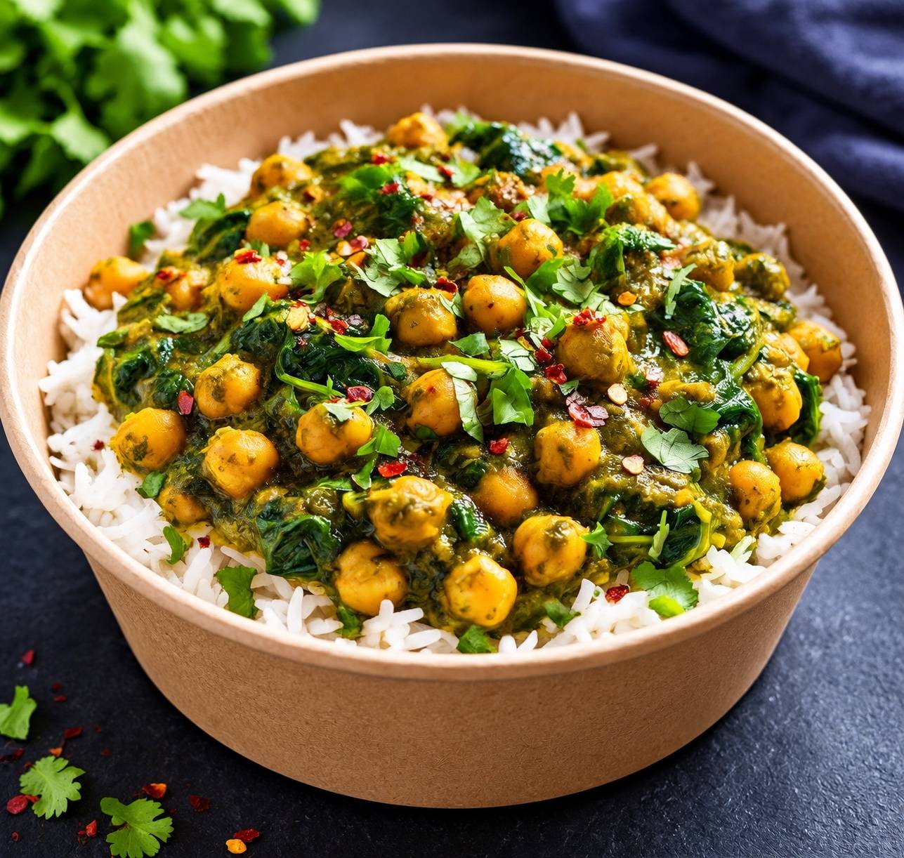 Vegan chickpeas and spinach curry with rice